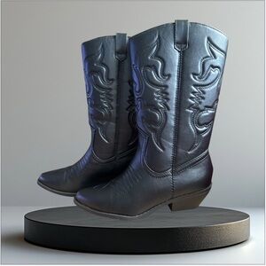 NEW SODA Reno Black Western Cowboy Pointed Toe Knee High Pull On Tabs BootsSize8